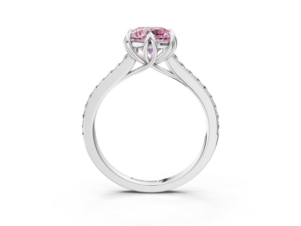 Platinum Fancy Pink Round  Solitaire Diamond Engagement Ring with Pave Band and Six-Prong Setting