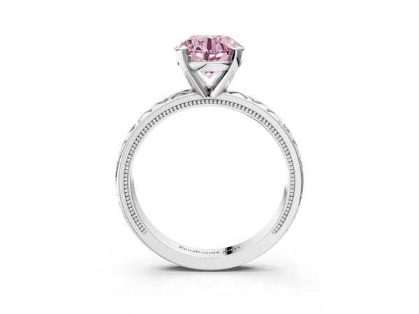 White gold Fancy Pink Round  Solitaire Diamond Engagement Ring with XO Engraved Band and Four-Prong Setting