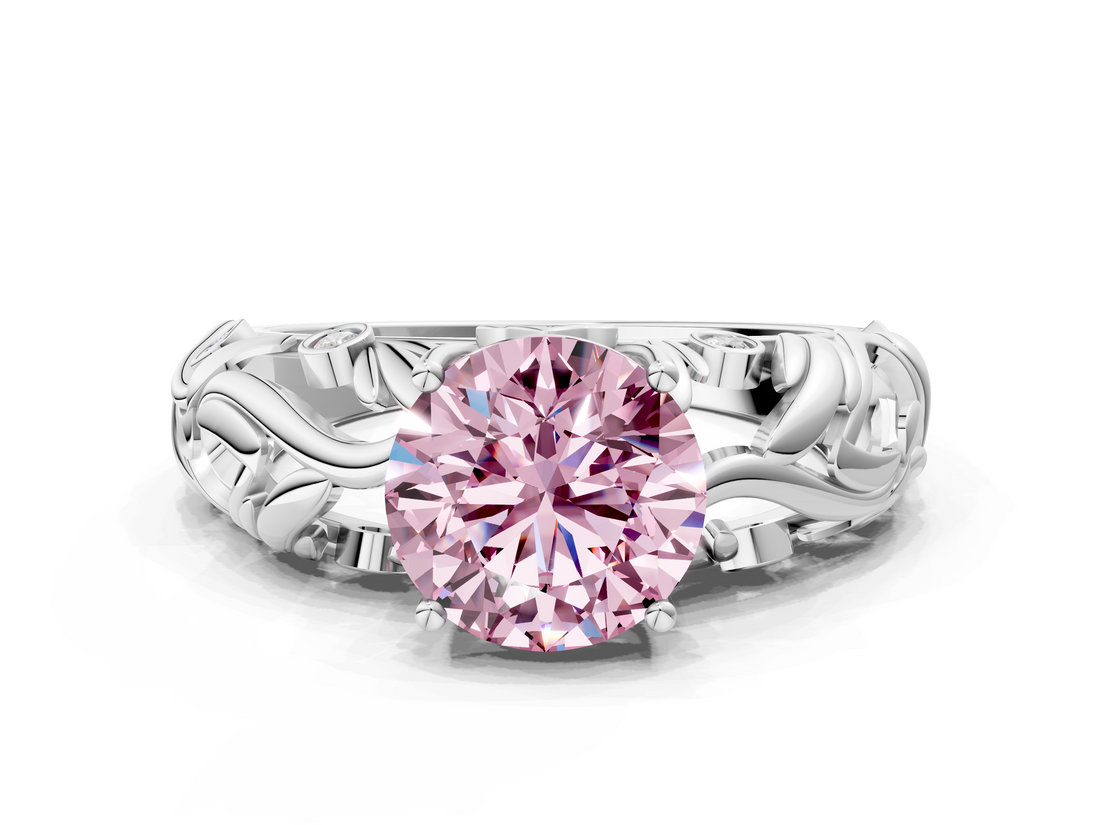 White gold Fancy Pink Round  Solitaire Diamond Leaf Vine Band with Prong Setting