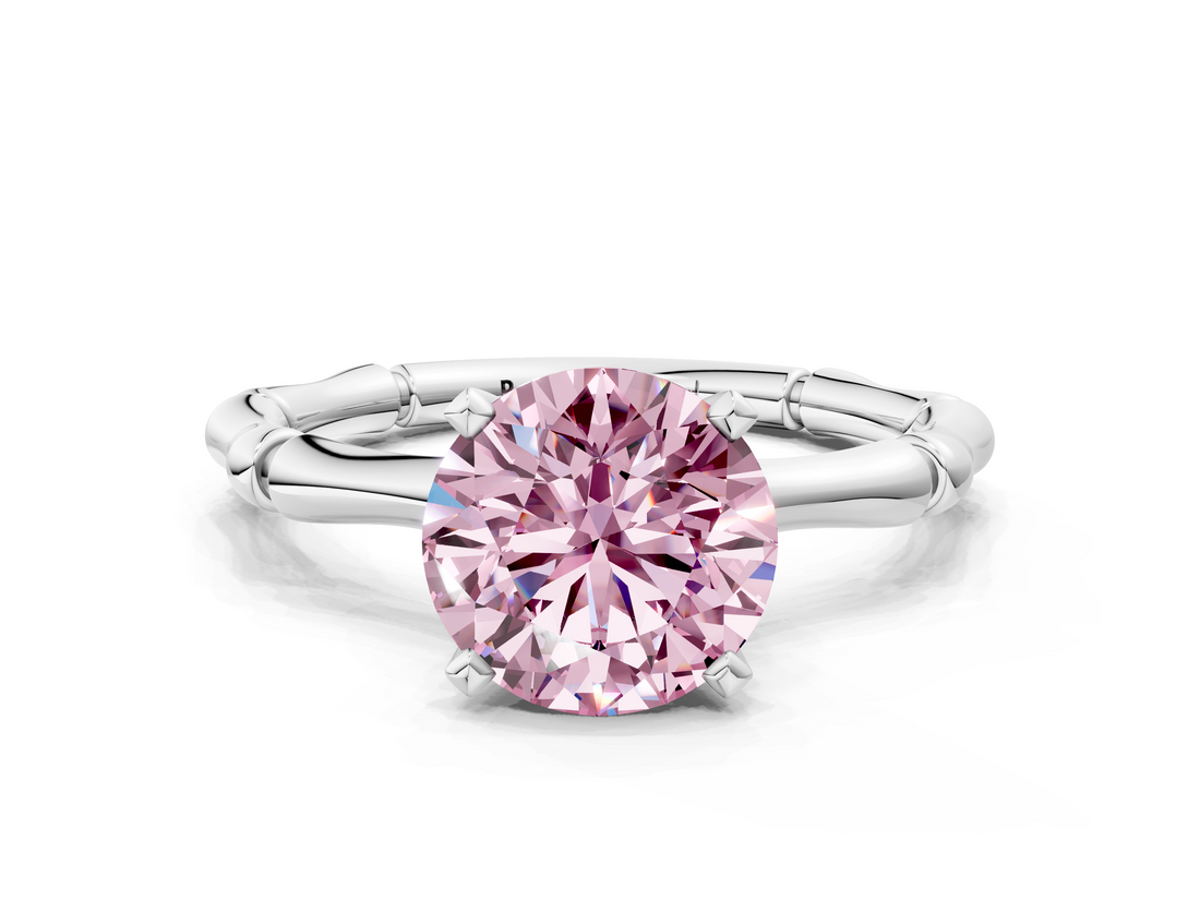 White gold Fancy Pink Round  Solitaire Diamond Ring with Bamboo Band and Four-Prong Setting