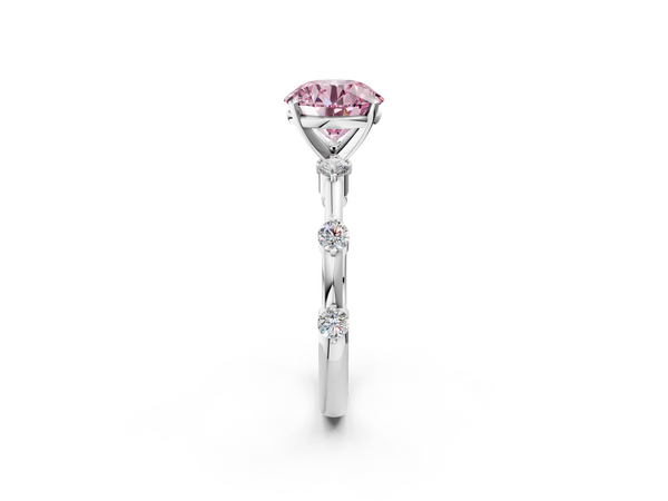 Platinum Fancy Pink Round  Solitaire Diamond Ring with Bezel Set Side Stones and Prong Setting