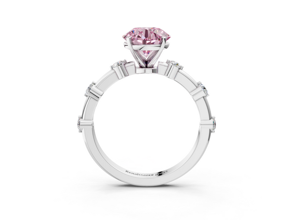 Platinum Fancy Pink Round  Solitaire Diamond Ring with Bezel Set Side Stones and Prong Setting