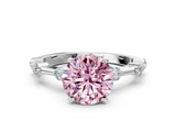White gold Fancy Pink Round  Solitaire Diamond Ring with Bezel Set Side Stones and Prong Setting