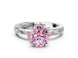 White gold Fancy Pink Round  Solitaire Diamond Ring with Channel-Set Baguette Band and Four-Prong Setting