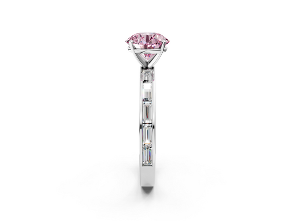 White gold Fancy Pink Round  Solitaire Diamond Ring with Channel-Set Baguette Band and Four-Prong Setting