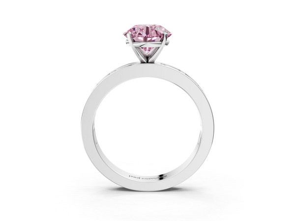 White gold Fancy Pink Round  Solitaire Diamond Ring with Channel-Set Baguette Band and Four-Prong Setting