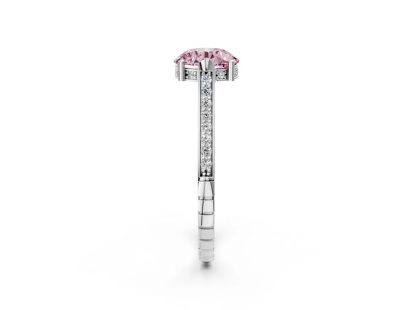 White gold Fancy Pink Round  Solitaire Diamond Ring with Channel Set Band and Bezel Prong Setting
