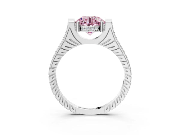 White gold Fancy Pink Round  Solitaire Diamond Ring with Channel Set Band and Bezel Prong Setting