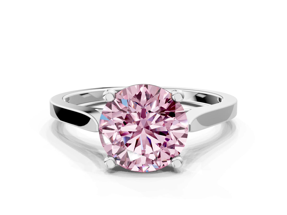 White gold Fancy Pink Round  Solitaire Diamond Ring with Four-Prong Setting and Tapered Band 1