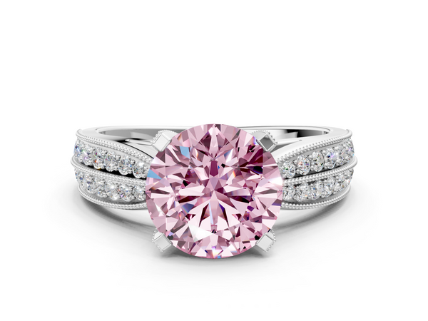 White gold Fancy Pink Round  Solitaire Diamond Ring with Milgrain Pavé Band and Four-Prong Setting