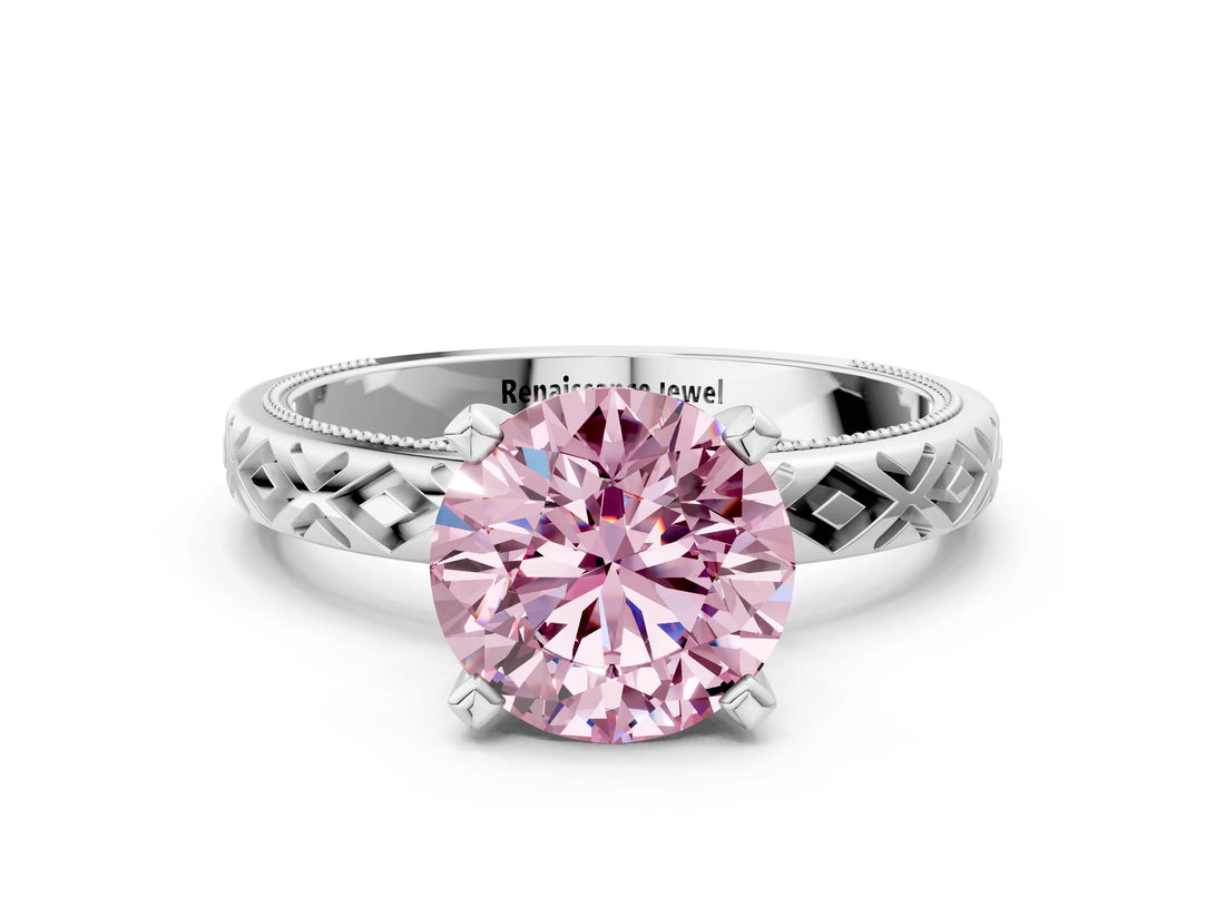 White gold Fancy Pink Round  Solitaire Diamond Ring with Milgrain and Black Enamel X Pattern Band_29