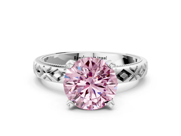 White gold Fancy Pink Round  Solitaire Diamond Ring with Milgrain and Black Enamel X Pattern Band