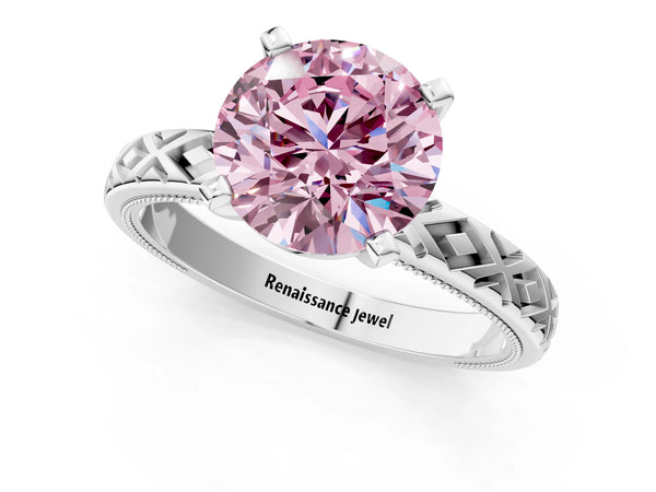 White gold Fancy Pink Round  Solitaire Diamond Ring with Milgrain and Black Enamel X Pattern Band