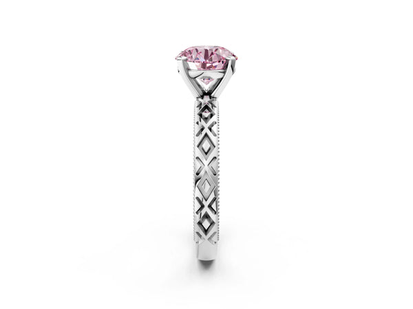 White gold Fancy Pink Round  Solitaire Diamond Ring with Milgrain and Black Enamel X Pattern Band