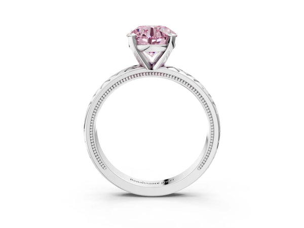White gold Fancy Pink Round  Solitaire Diamond Ring with Milgrain and Black Enamel X Pattern Band