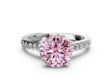 White gold Fancy Pink Round  Solitaire Diamond Ring with Pavé Band and Four-Prong Setting