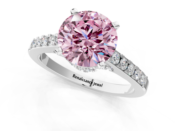 White gold Fancy Pink Round  Diamond Solitaire Ring with Pavé Band and Prong Setting