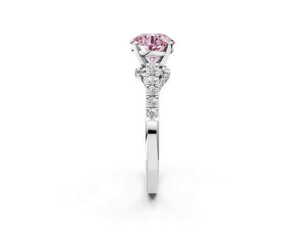 White gold Fancy Pink Round  Diamond Solitaire Ring with Pavé Band and Prong Setting