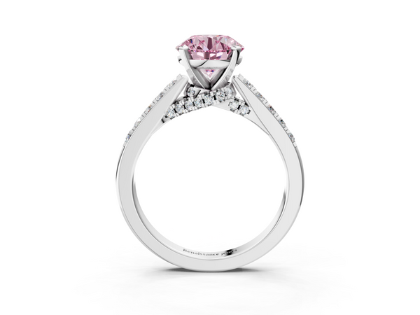 White gold Fancy Pink Round  Diamond Solitaire Ring with Pavé Band and Prong Setting