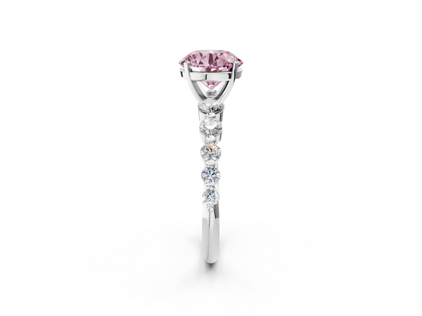 White gold Fancy Pink Round Cut Solitaire Diamond Ring with Pave Band and Four-Prong Setting