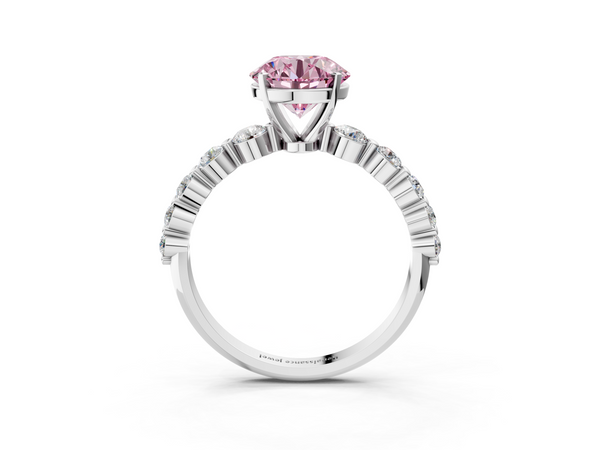 White gold Fancy Pink Round Cut Solitaire Diamond Ring with Pave Band and Four-Prong Setting