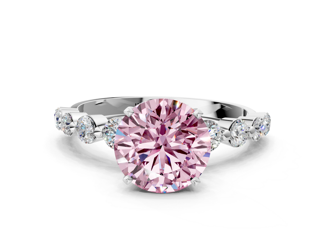 White gold Fancy Pink Round  Solitaire Diamond Ring with Pave Band and Four-Prong Setting