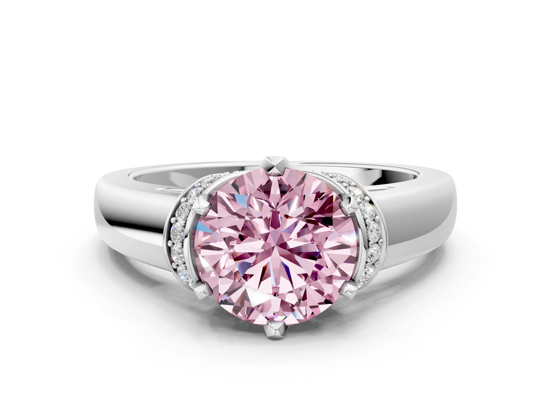 White gold Fancy Pink Round  Solitaire Diamond Ring with Pave Band and Six-Prong Setting_24