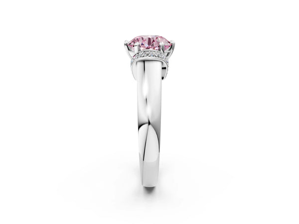 Platinum Fancy Pink Round  Solitaire Diamond Ring with Pave Band and Six-Prong Setting