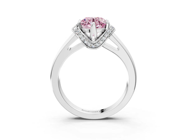 Platinum Fancy Pink Round  Solitaire Diamond Ring with Pave Band and Six-Prong Setting