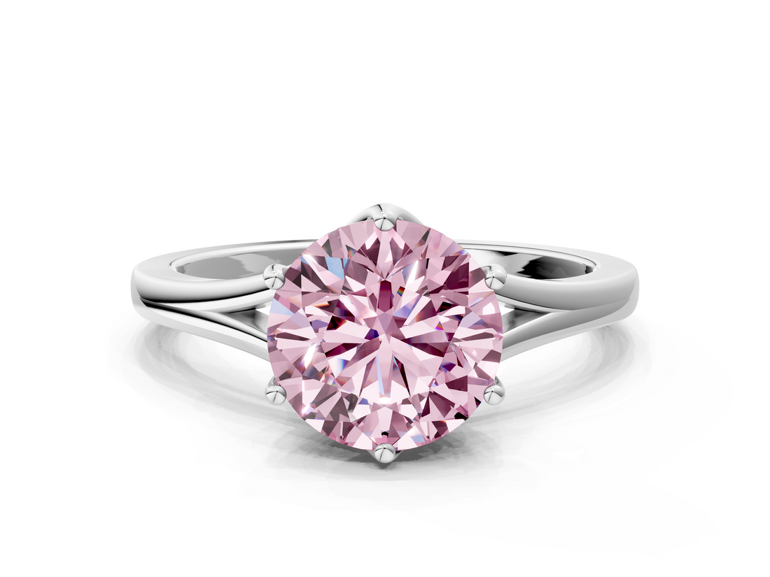White gold Fancy Pink Round  Solitaire Diamond Ring with Six-Prong Setting and Tapered Band