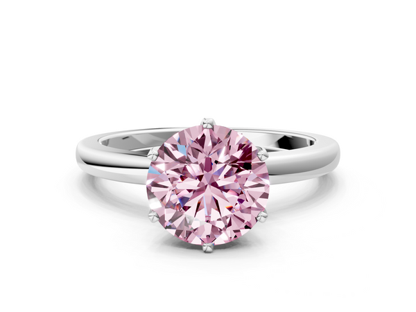 Platinum Fancy Pink Round  Solitaire Diamond Ring with Six-Prong Setting on a Classic Band
