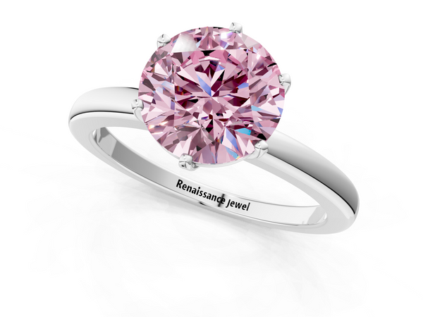 Platinum Fancy Pink Round  Solitaire Diamond Ring with Six-Prong Setting on a Classic Band