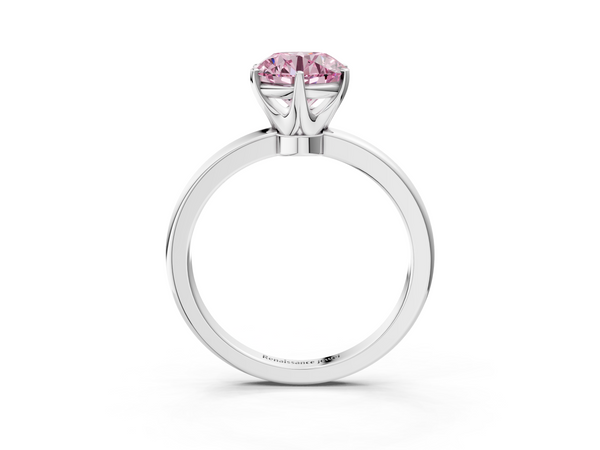 Platinum Fancy Pink Round  Solitaire Diamond Ring with Six-Prong Setting on a Classic Band