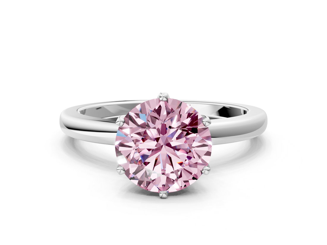 White gold Fancy Pink Round  Solitaire Diamond Ring with Six-Prong Setting on a Classic Band