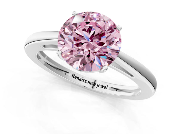 White gold Fancy Pink Round  Solitaire Diamond Ring with Split Shank and Four-Prong Setting