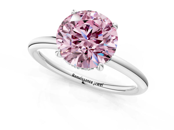 White gold Fancy Pink Round  Solitaire Diamond Ring with a Classic Band and Four-Prong Setting
