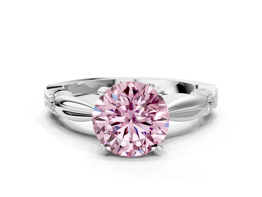 White gold Fancy Pink Round  Solitaire Diamond Twisted Band with Four-Prong Setting