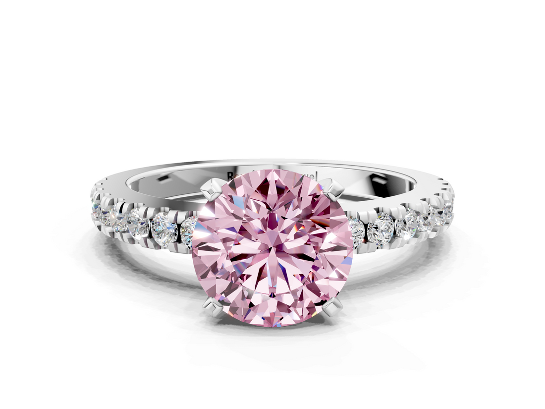 White gold Fancy Pink Round  Solitaire Diamond with Pavé Band and Four-Prong Setting
