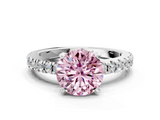 White gold Fancy Pink Round  Solitaire Diamond with Pavé Band and Four-Prong Setting
