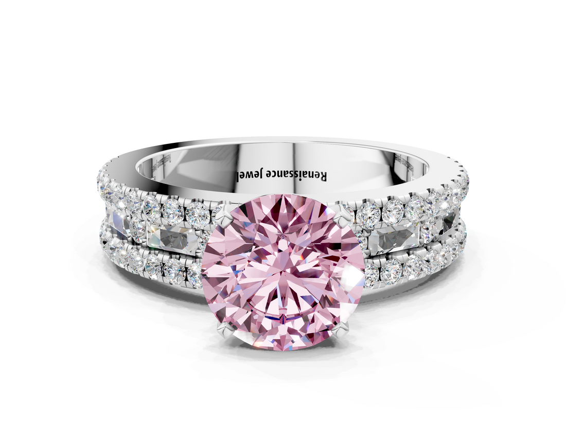 White gold Fancy Pink Round  Solitaire Diamond with Pave and Channel Set Band
