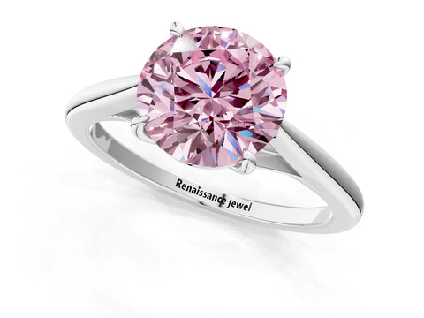 White gold Fancy Pink Round  Solitaire Engagement Ring with Four-Prong Setting and Classic Band 1