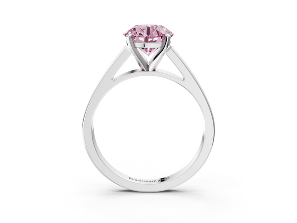 White gold Fancy Pink Round  Solitaire Engagement Ring with Four-Prong Setting and Tapered Band