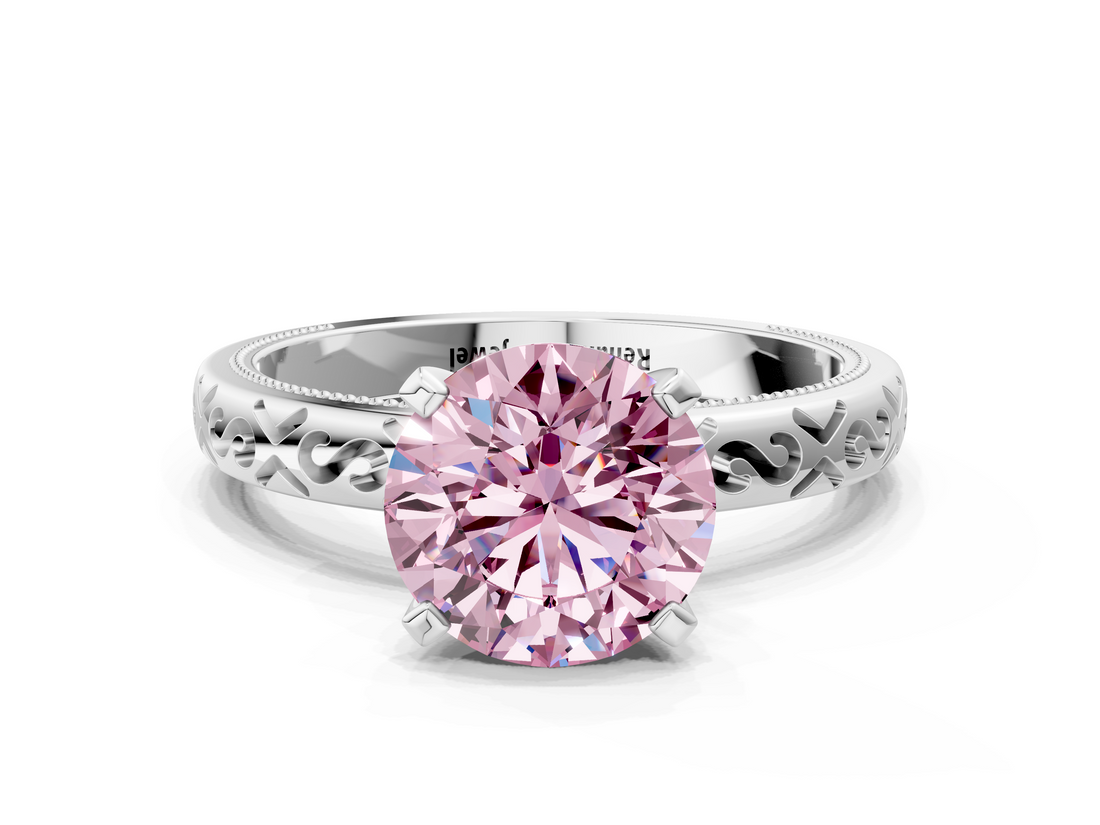 White gold Fancy Pink Round  Solitaire Engagement Ring with Scrollwork Band and Four-Prong Setting
