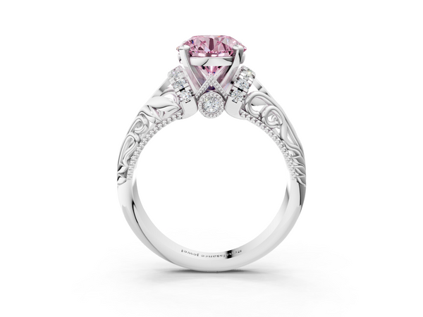 White gold Fancy Pink Round  Solitaire Filigree Engagement Ring with Halo and Prong Setting
