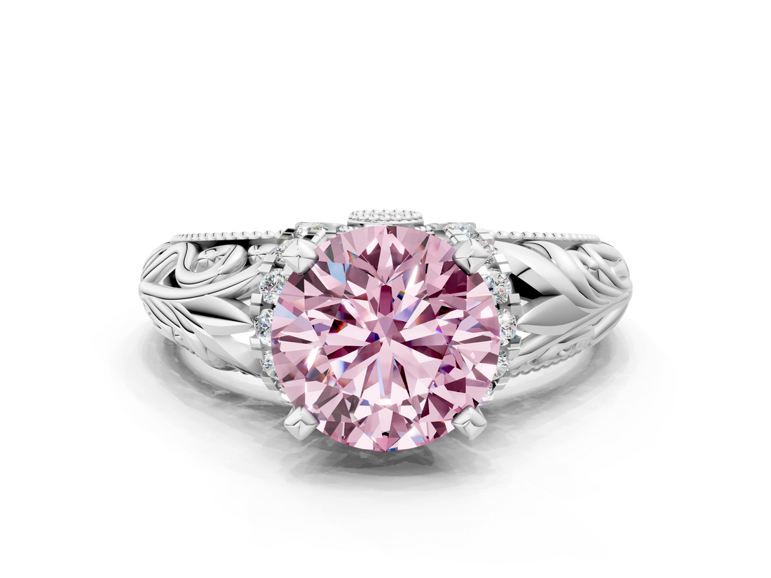 White gold Fancy Pink Round  Solitaire Filigree Engagement Ring with Halo and Prong Setting
