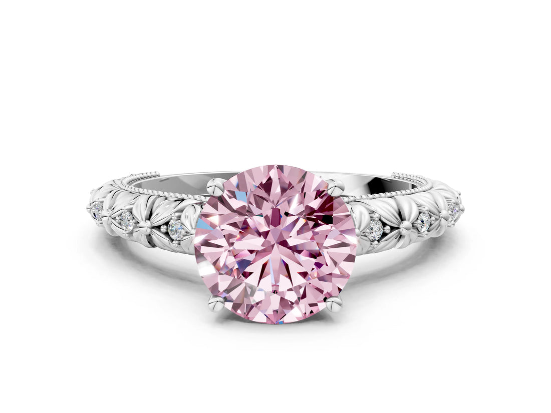 White gold Fancy Pink Round  Solitaire Floral Milgrain Engagement Ring_31