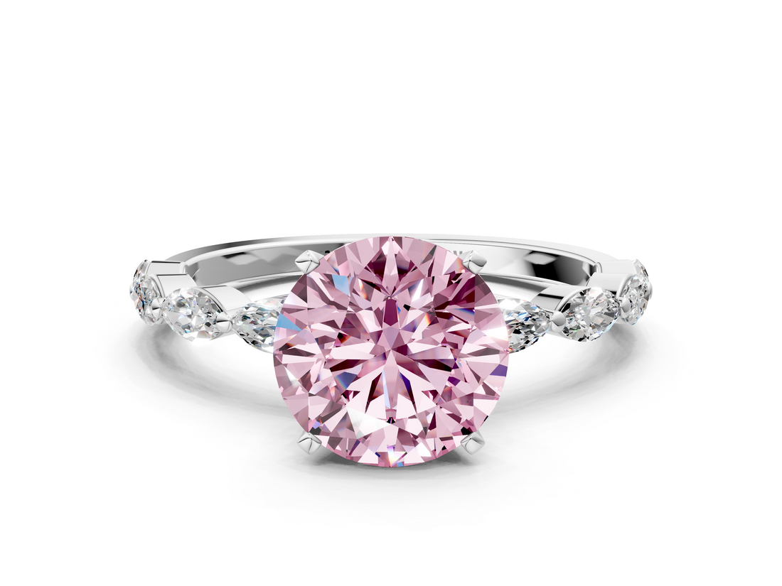 White gold Fancy Pink Round  Solitaire Marquise Side Stone Prong Setting Ring