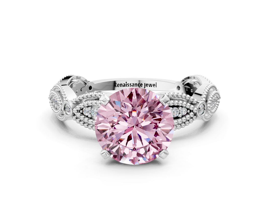 White gold Fancy Pink Round  Solitaire Milgrain Diamond Engagement Ring with Bezel and Marquise Band