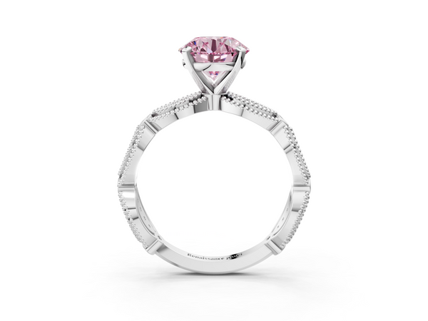 White gold Fancy Pink Round  Solitaire Milgrain Diamond Engagement Ring with Bezel and Marquise Band