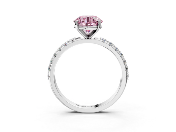 White gold Fancy Pink Round Cut Diamond Solitaire Pavé Band with Four-Prong Setting